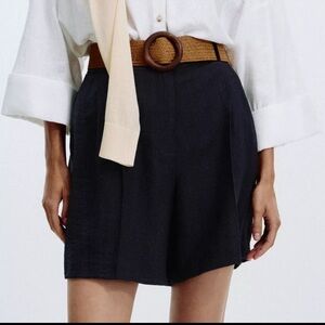 ZARA Pleated Belt Shorts - Navy Blue - Small